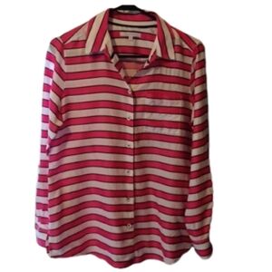 Foxcroft Nautical Stripe‎ button down shirt Size 6 Pink/Black/White